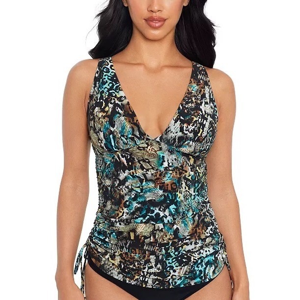 Magicsuit Women Animal Print Ruched Tankini Top Multi Color V-Neck 40168 Sz 16